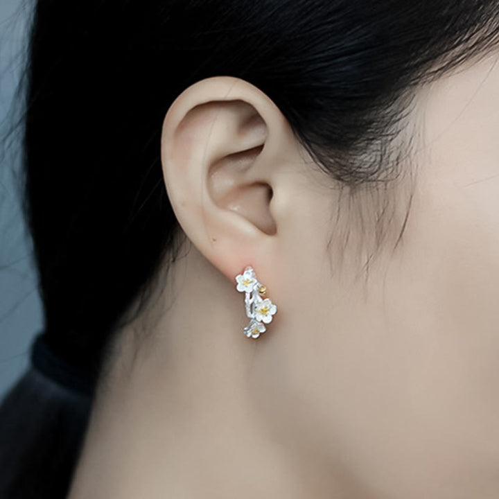 Boucles d'oreilles en argent sterling 925 Buddha Stones et fleurs de prunier