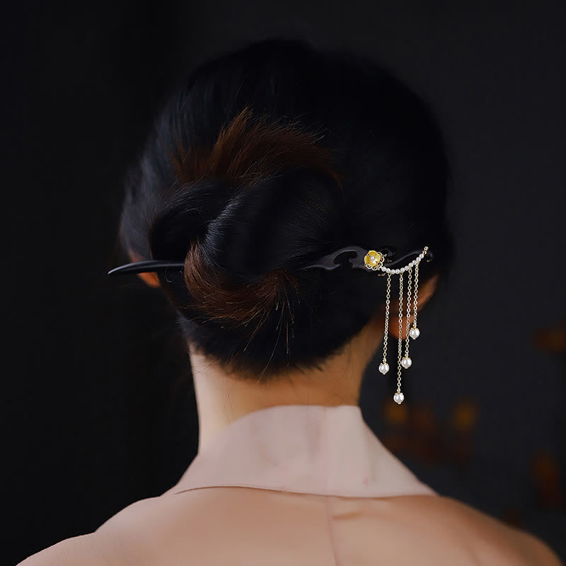 Épingle à cheveux en bois d'ébène avec Buddha Stones et fleurs jaunes et perles