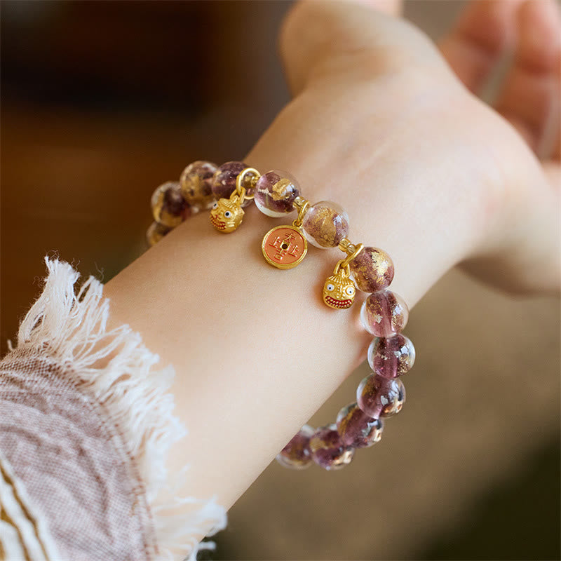 Bracelet porte-bonheur en perles de verre Liuli Buddha Stones et bête avaleuse d'or et pièce de cuivre