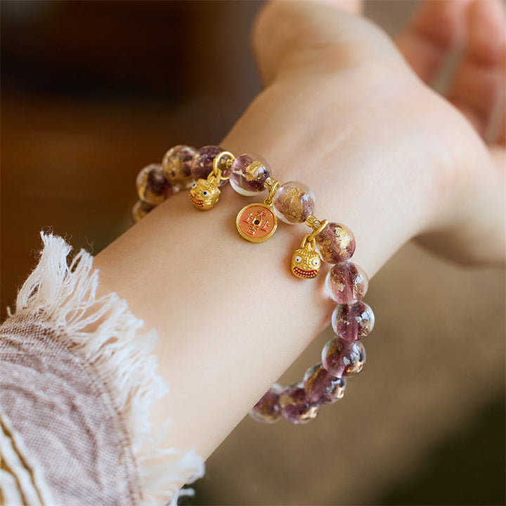 Bracelet porte-bonheur en perles de verre Liuli Buddha Stones et bête avaleuse d'or et pièce de cuivre