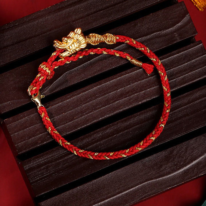 Bracelet tressé en fil rouge à huit fils en argent sterling 999 de Buddha Stones, fabriqué à la main, avec dragon porte-bonheur
