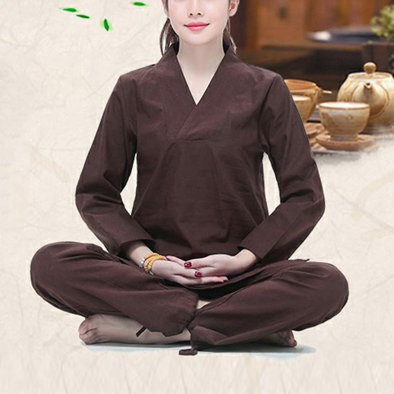 Ensemble de vêtements pour femmes en coton et lin avec Buddha Stones, pratique zen, yoga, méditation, prière, col en V