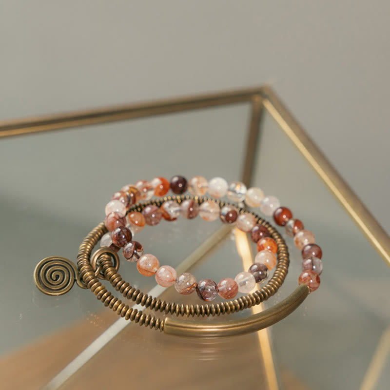 Bracelet en cuivre Love Forgive Buddha Stones quartz hématoïde rouge fantôme violet et quartz rutile vert