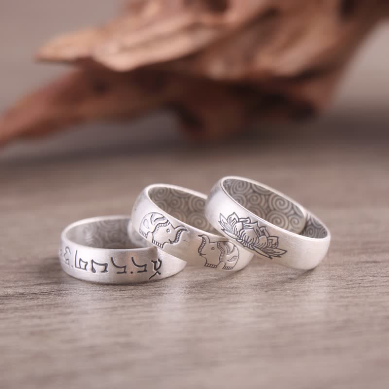 Bague de bénédiction en argent sterling 999 avec six mots vrais et éléphant de lotus de Buddha Stones - image 0