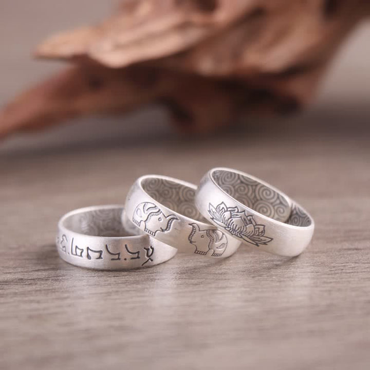 Bague de bénédiction en argent sterling 999 avec six mots vrais et éléphant de lotus de Buddha Stones - image 0