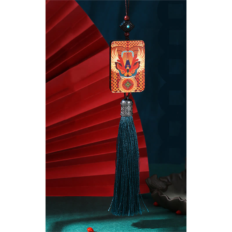 Décoration à suspendre pour voiture en bois d'ébène avec pompon porte-bonheur et richesse en Buddha Stones PiXiu