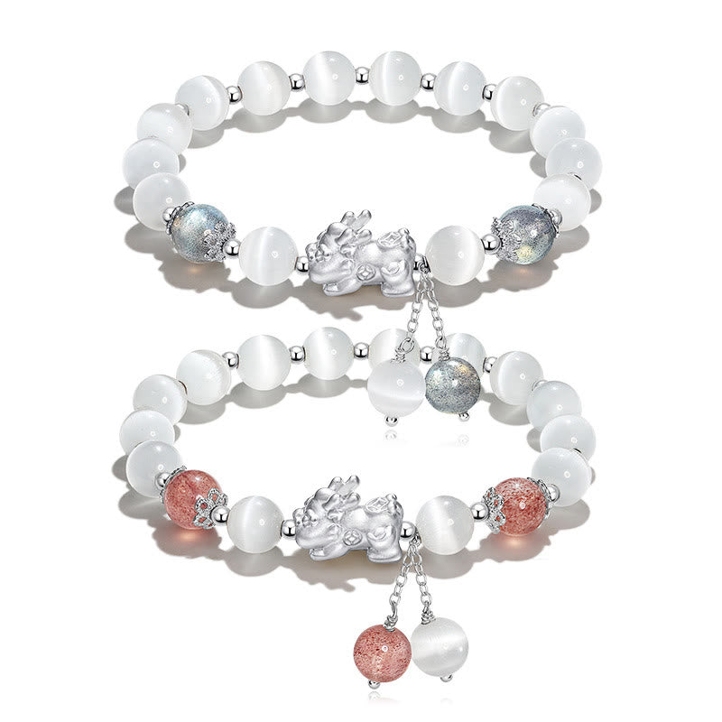 Bracelet de soutien PiXiu en pierre de lune œil de chat naturelle et quartz fraise de Buddha Stones