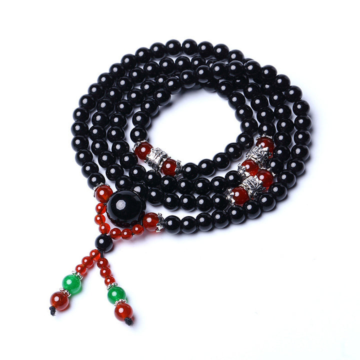 Bracelet Mala 108 perles en obsidienne noire naturelle œil de tigre Buddha Stones