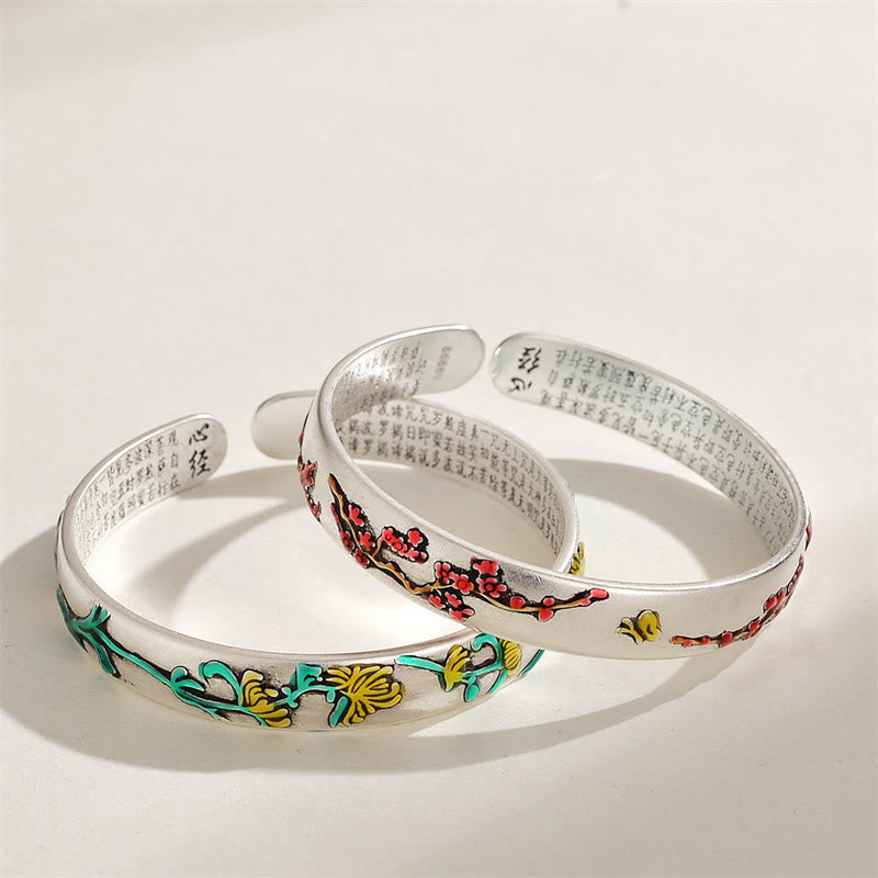 Bracelet manchette de guérison avec Buddha Stones , fleur de prunier, chrysanthème, motif de cœur Sutra