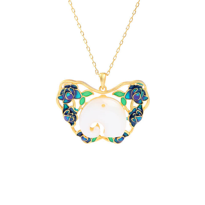 Collier pendentif en jade blanc avec éléphant, papillon, lotus, succès