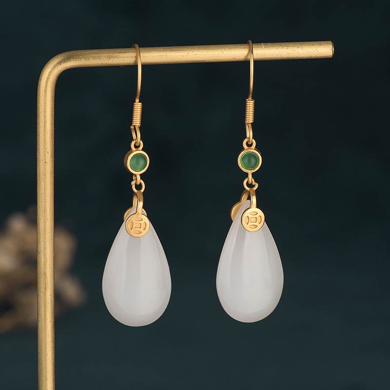 Boucles d'oreilles pendantes porte-bonheur en jade blanc Feng Shui Buddha Stones