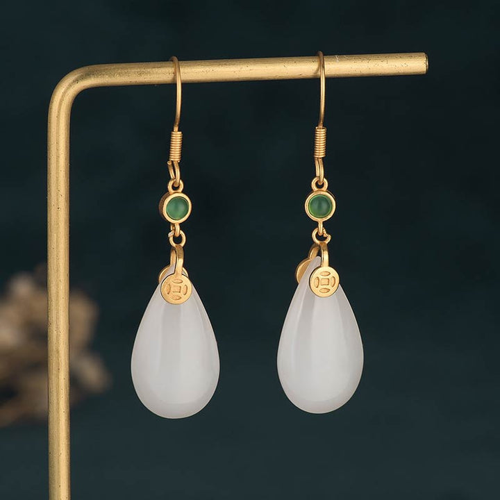 Boucles d'oreilles pendantes porte-bonheur en jade blanc Feng Shui Buddha Stones
