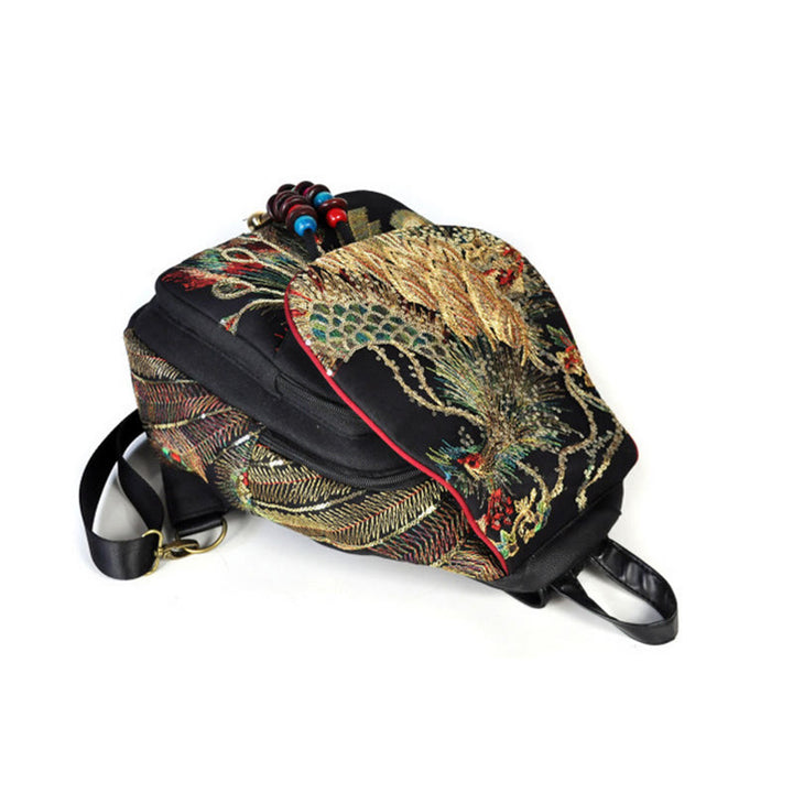 Sac à dos à pompons en toile avec broderies de paon et Buddha Stones
