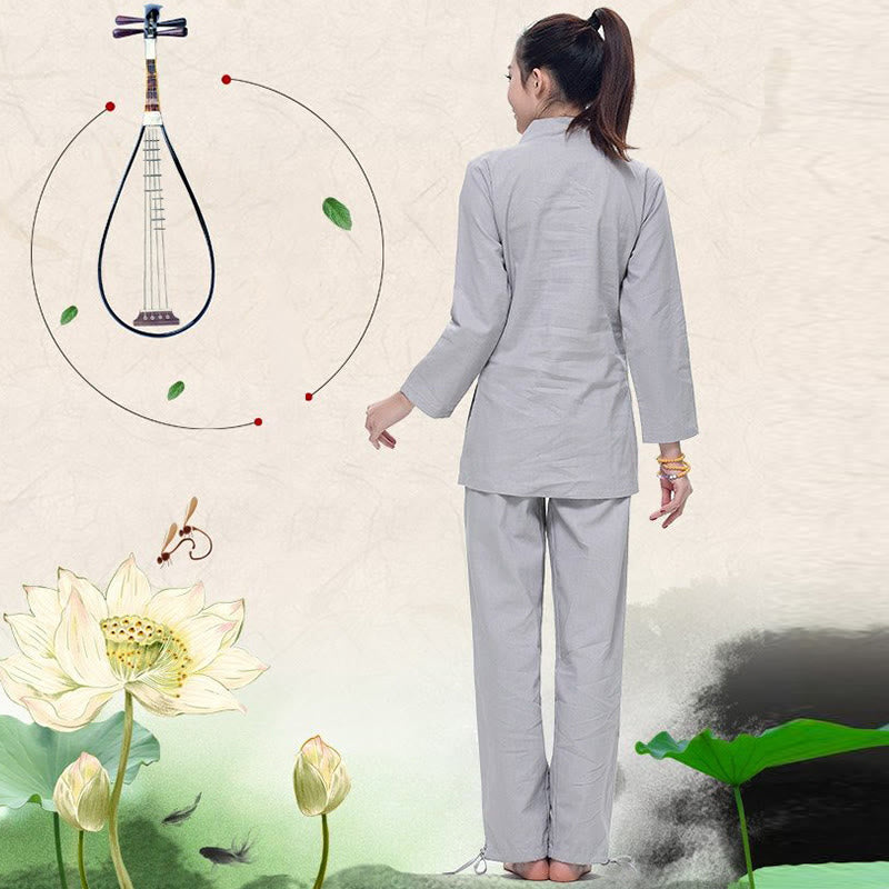 Ensemble de vêtements pour femmes en coton et lin avec Buddha Stones, pratique zen, yoga, méditation, prière, col en V