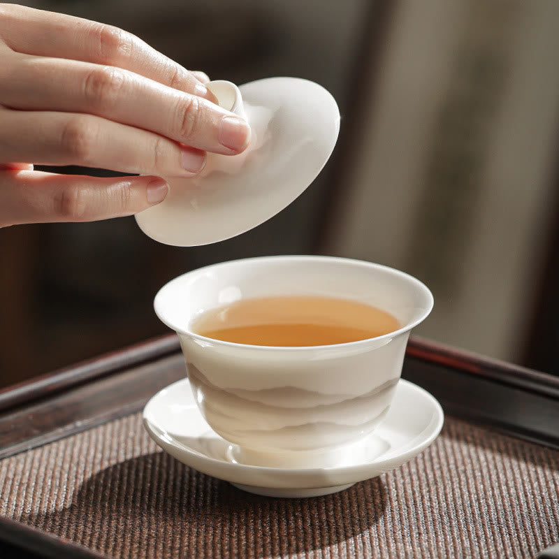 Buddha Stones Peinture à l'encre vintage Montagne Porcelaine blanche Céramique Gaiwan Sancai Tasse à thé Kung Fu Tasse à thé et soucoupe avec couvercle Ustensile à thé Théière