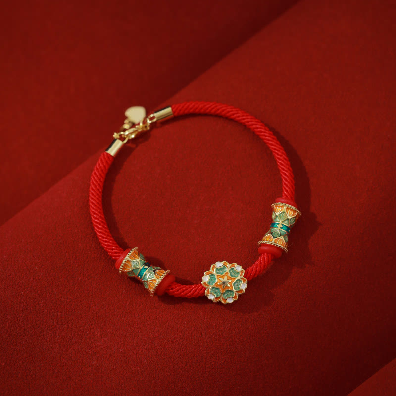 Bracelet en corde rouge en argent sterling 925 avec motif tambour de lotus de Buddha Stones Dunhuang - 14-17 cm - image 0