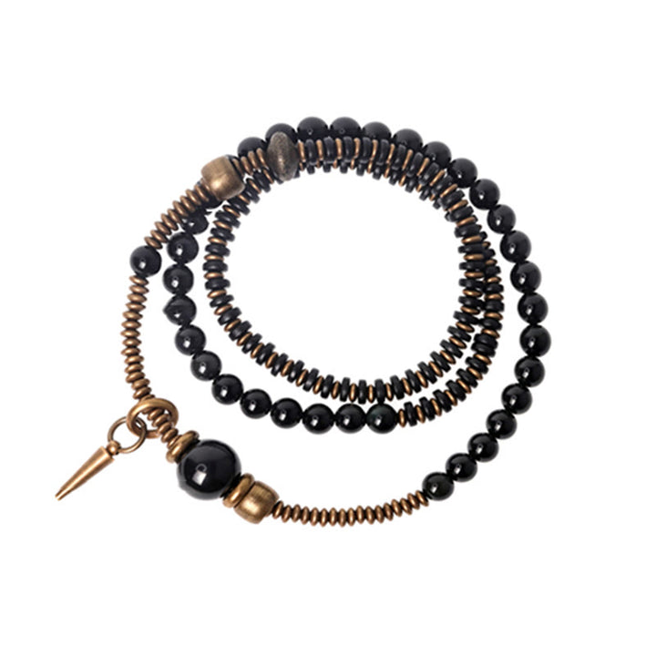 Bracelet triple tour de guérison en cuivre et bois d'ébène avec Buddha Stones arc-en-ciel et obsidienne
