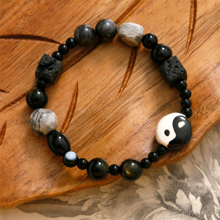 Bracelet de protection de la fortune Yin Yang en perles de jaspe Picasso et onyx noir Buddha Stones