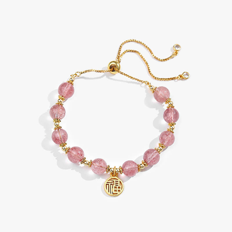 Bracelet à breloques positives en quartz fraise naturel plaqué or 14 carats de Buddha Stones