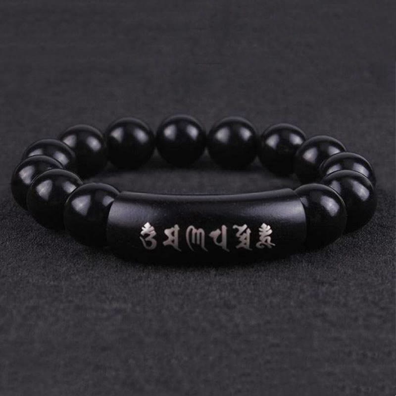 Bracelet d'équilibre incrusté de Buddha Stones en argent sterling 999 et bois d'ébène Om Mani Padme Hum