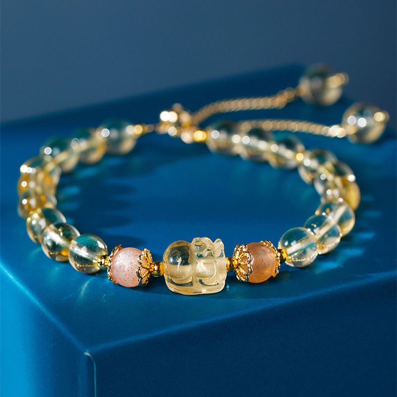 Bracelet de guérison PiXiu en aigue- Buddha Stones, quartz fraise, améthyste et pierre de lune