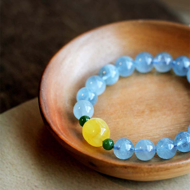 Bracelet de guérison et de sérénité en perles d'ambre et d'aigue-marine naturelles