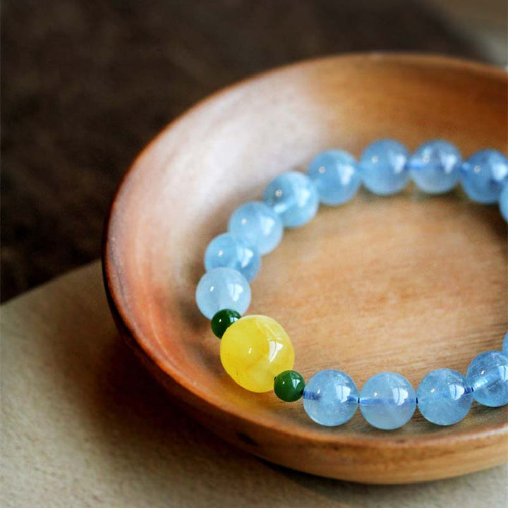Bracelet de guérison et de sérénité en perles d'ambre et d'aigue-marine naturelles