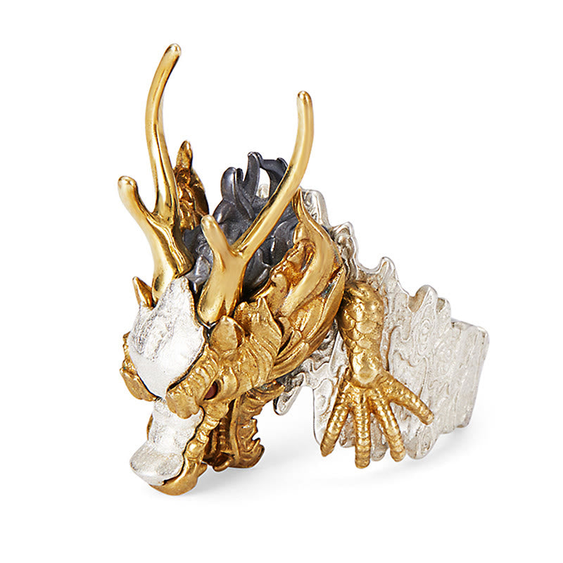 Pendentif bague réglable en argent sterling 925 Buddha Stones et dragon porte-bonheur et protection
