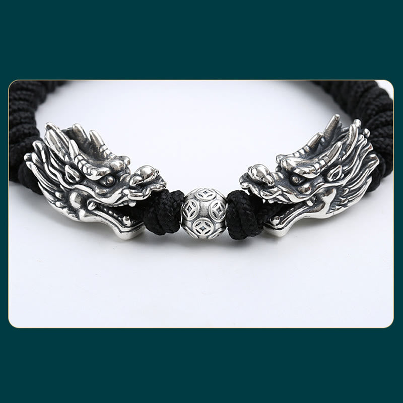 Bracelet tressé fait main en argent sterling 999 avec double dragon porte-bonheur de Buddha Stones