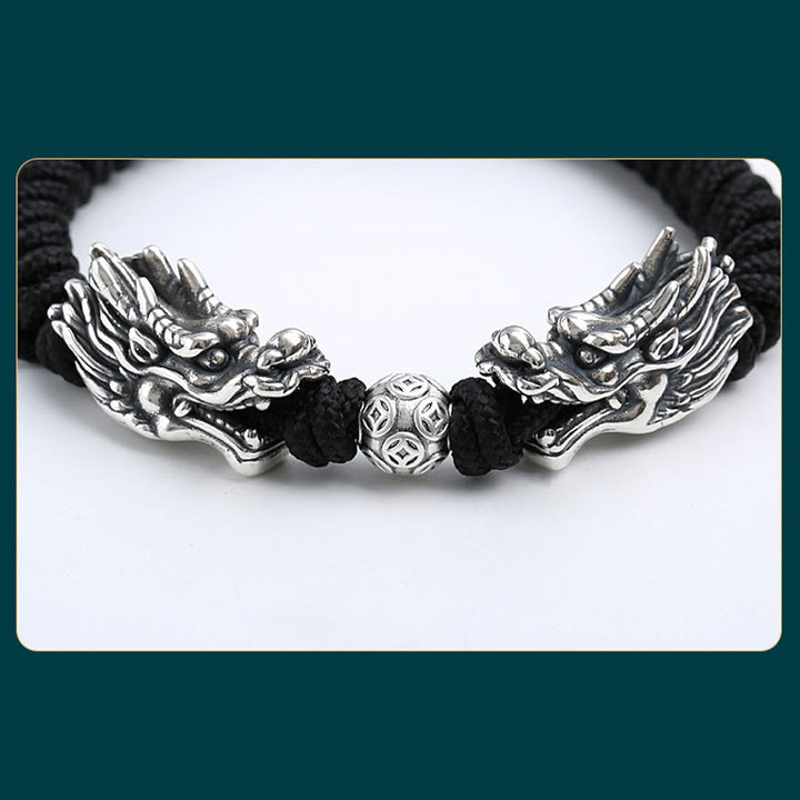 Bracelet tressé fait main en argent sterling 999 avec double dragon porte-bonheur de Buddha Stones