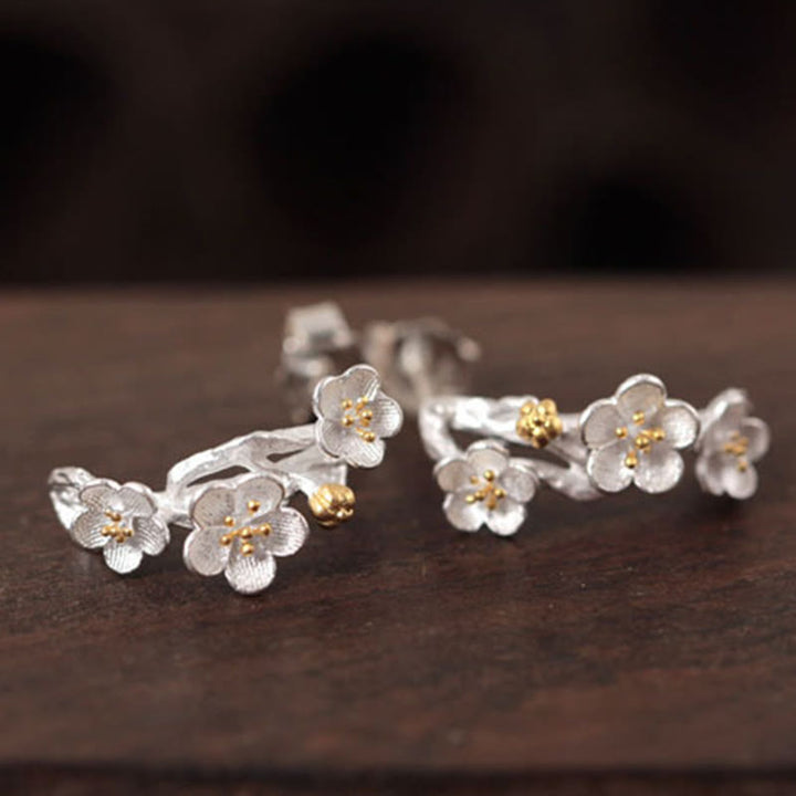 Boucles d'oreilles en argent sterling 925 Buddha Stones et fleurs de prunier