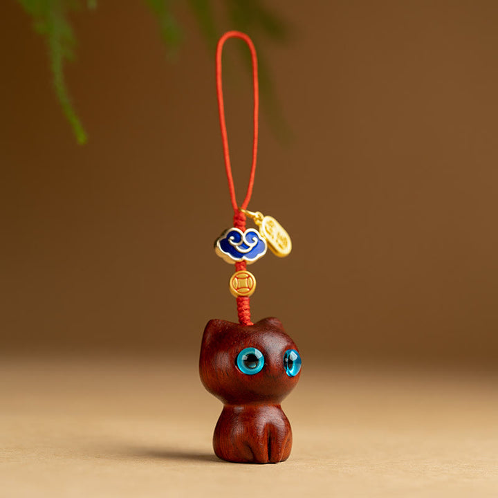 Porte-clés de protection en bois de santal rouge et ébène avec petites feuilles de Buddha Stones, porte-clés pour téléphone, décoration à suspendre - Chat en bois de santal rouge à petites feuilles - Décoration suspendue pour téléphone - image 7