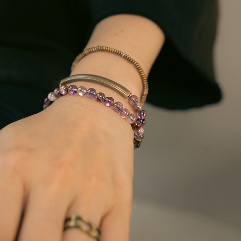 Bracelet en cuivre Love Forgive Buddha Stones quartz hématoïde rouge fantôme violet et quartz rutile vert