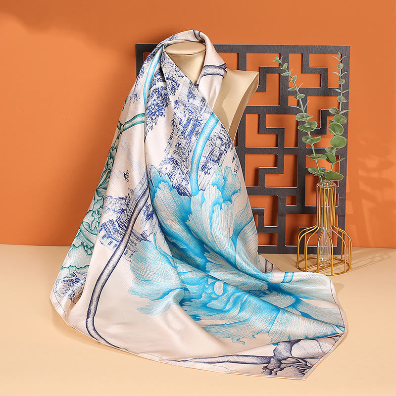 Foulard pour cheveux en soie de mûrier 100 % Buddha Stones et peinture à l'huile sur la ville, scène de neige, château, lotus