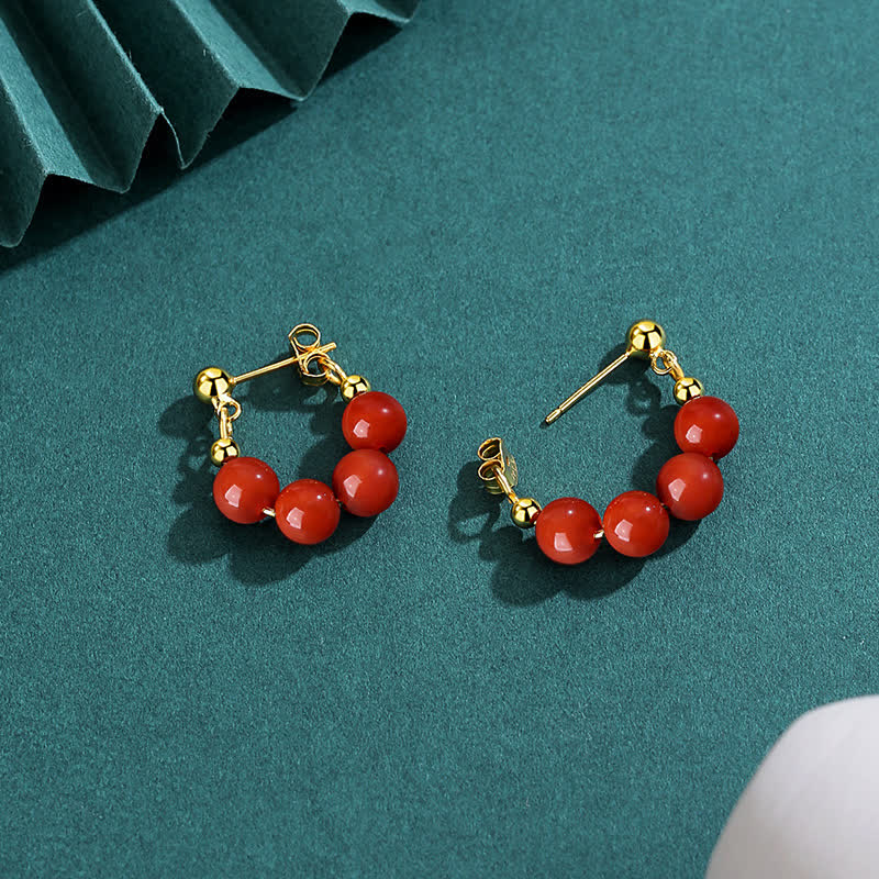 Boucles d'oreilles en argent sterling 925 avec perles d'agate rouge Hetian Jade