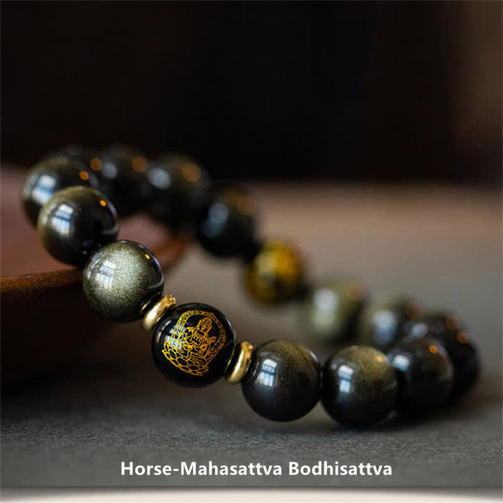 Bracelet de protection de richesse en obsidienne dorée avec Bouddha du zodiaque chinois