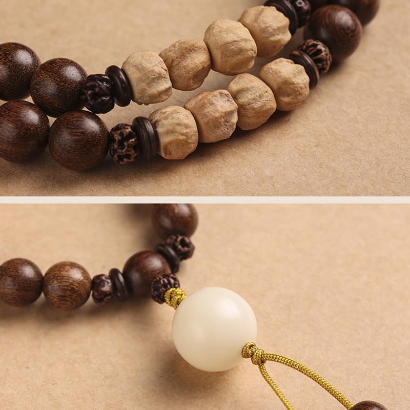 Bracelet double tour de purification en bois de santal et petites feuilles de bois de santal rouge et pierres de Buddha Stones