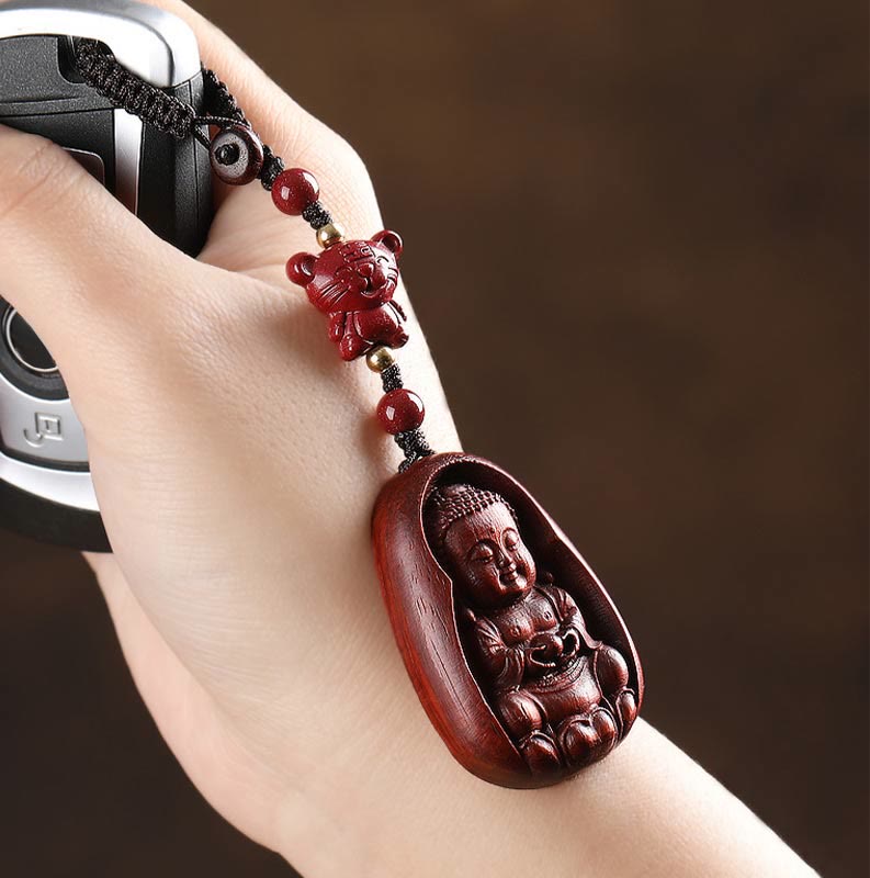 Porte-clés de protection en Buddha Stones en bois de santal rouge à petites feuilles, amulette du zodiaque chinois en cinabre