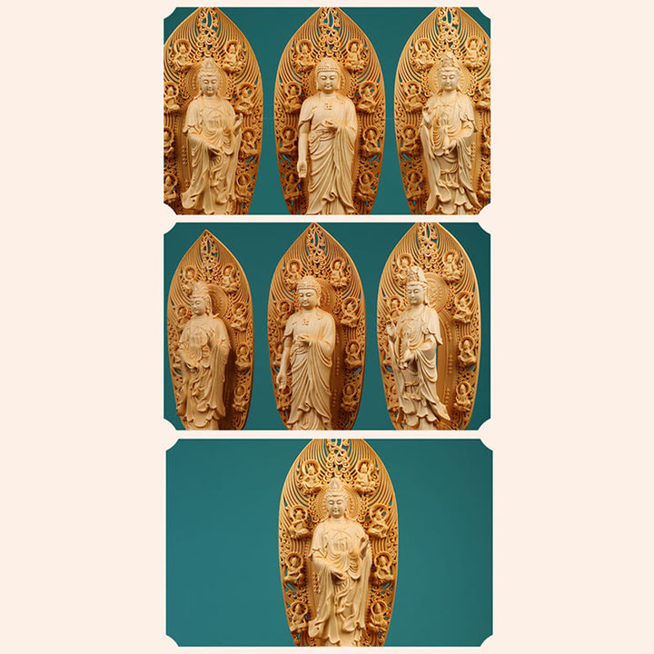Buddha Stones fabriquées à la main Kwan Yin Avalokitesvara Tathagata Mahasthamaprapta Bodhisattva Statue Buis Abondance Décoration
