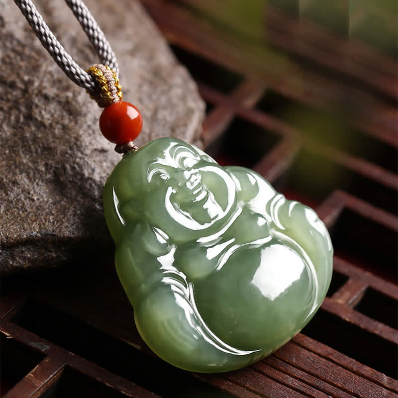 Collier avec pendentif en jade Hetian représentant le Bouddha rieur - image 1