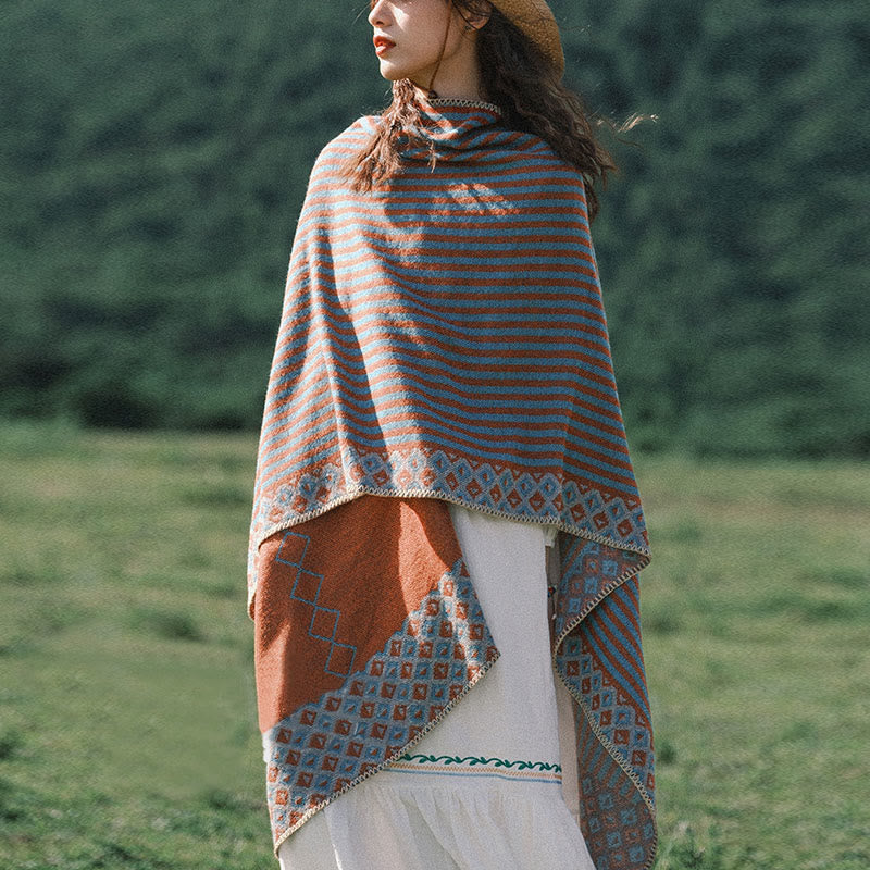 Châle tibétain à rayures et motifs de diamants avec Buddha Stones , écharpe douce et chaude pour l'hiver - Orange bleu clair - image 0