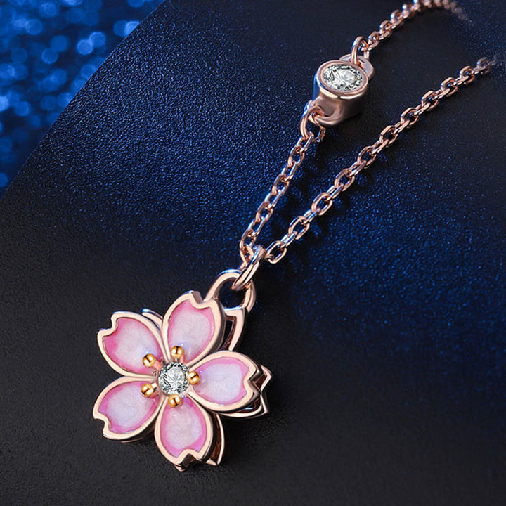 Collier avec pendentif rotatif en argent sterling 925 en forme de fleur de cerisier avec Buddha Stones
