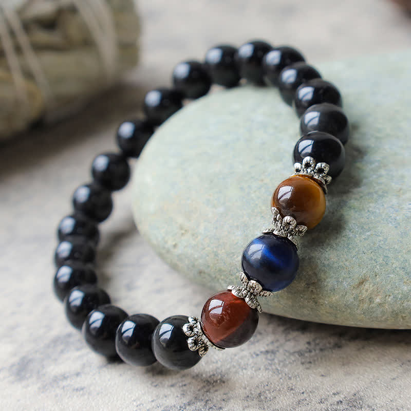 Bracelet de force en obsidienne noire naturelle et œil de tigre tricolore