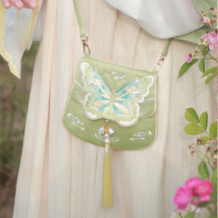 Sac à bandoulière avec broderie de Buddha Stones et de Lotus, poisson Koi, lapin, fleur, Hanfu - Papillon vert - image 25