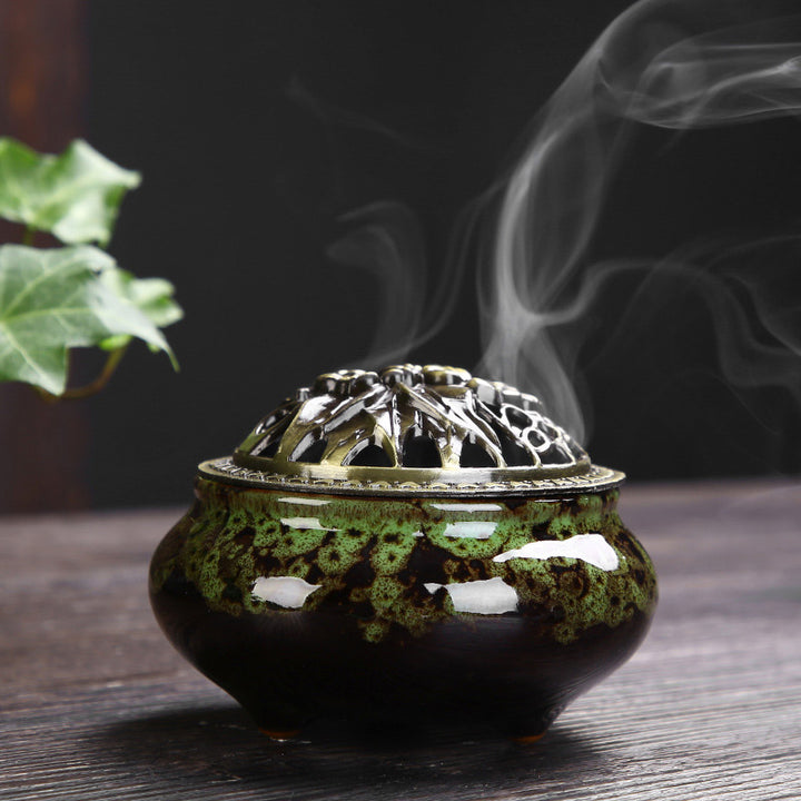 Brûleur d'encens en céramique à motif de fleurs et de Buddha Stones