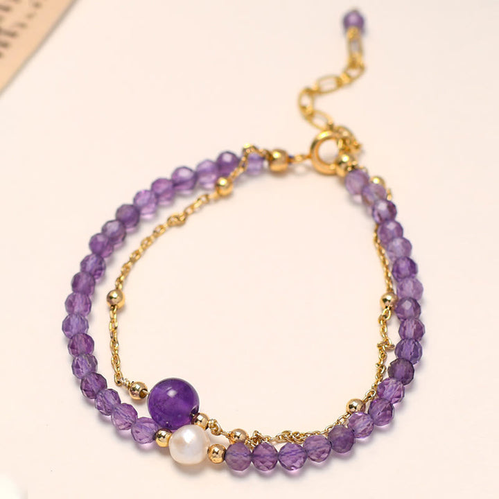 Bracelet double chaîne de guérison en cristal d'améthyste plaqué or 14 carats de Buddha Stones