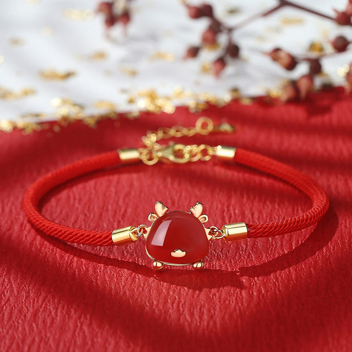 Buddha Stones en argent sterling 925 Année du dragon Jade Hetian naturel Agate rouge Bracelet de protection du dragon mignon Collier Pendentif Boucles d'oreilles