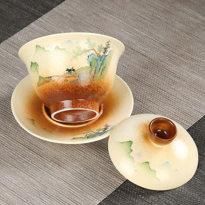 Buddha Stones Paysage de montagne Campagne Céramique Gaiwan Sancai Tasse à thé Kung Fu Tasse à thé et soucoupe avec couvercle