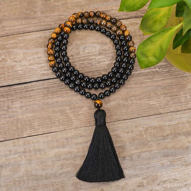 Ensemble Mala avec collier de protection en onyx noir Buddha Stones et œil de tigre