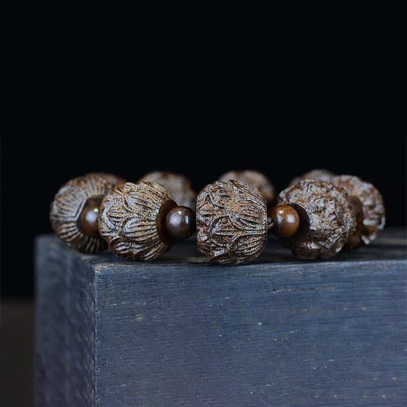 Bracelet d'équilibre gravé en bois d'ébène avec Buddha Stones et dragon de lotus des dix-huit arhats